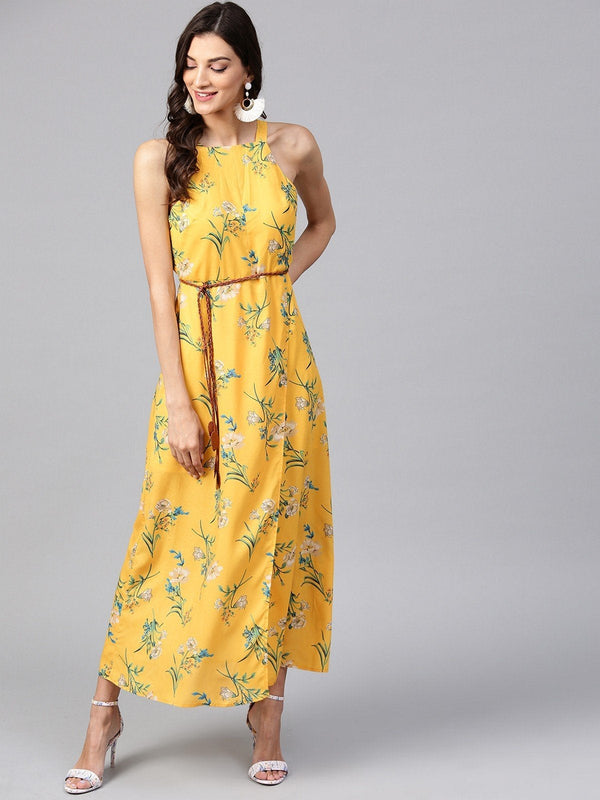 Women's Floral Strappy In-cut Maxi Dress With Belt - Pannkh