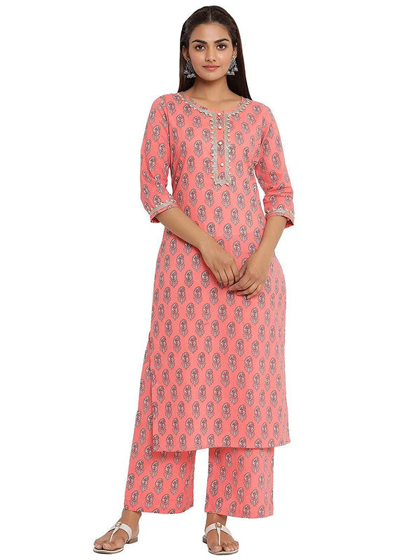 Women's Pure Cotton Floral Printed Straight Kurta with Palazzo Suit Set - NOZ2TOZ - Indiakreations