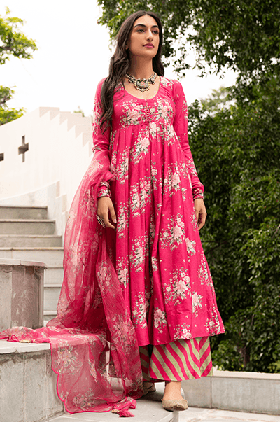 Falak Rani Pink Front Open Floral Anarkali with Palazzo and Dupatta - Set of 3 - RTS - Indiakreations