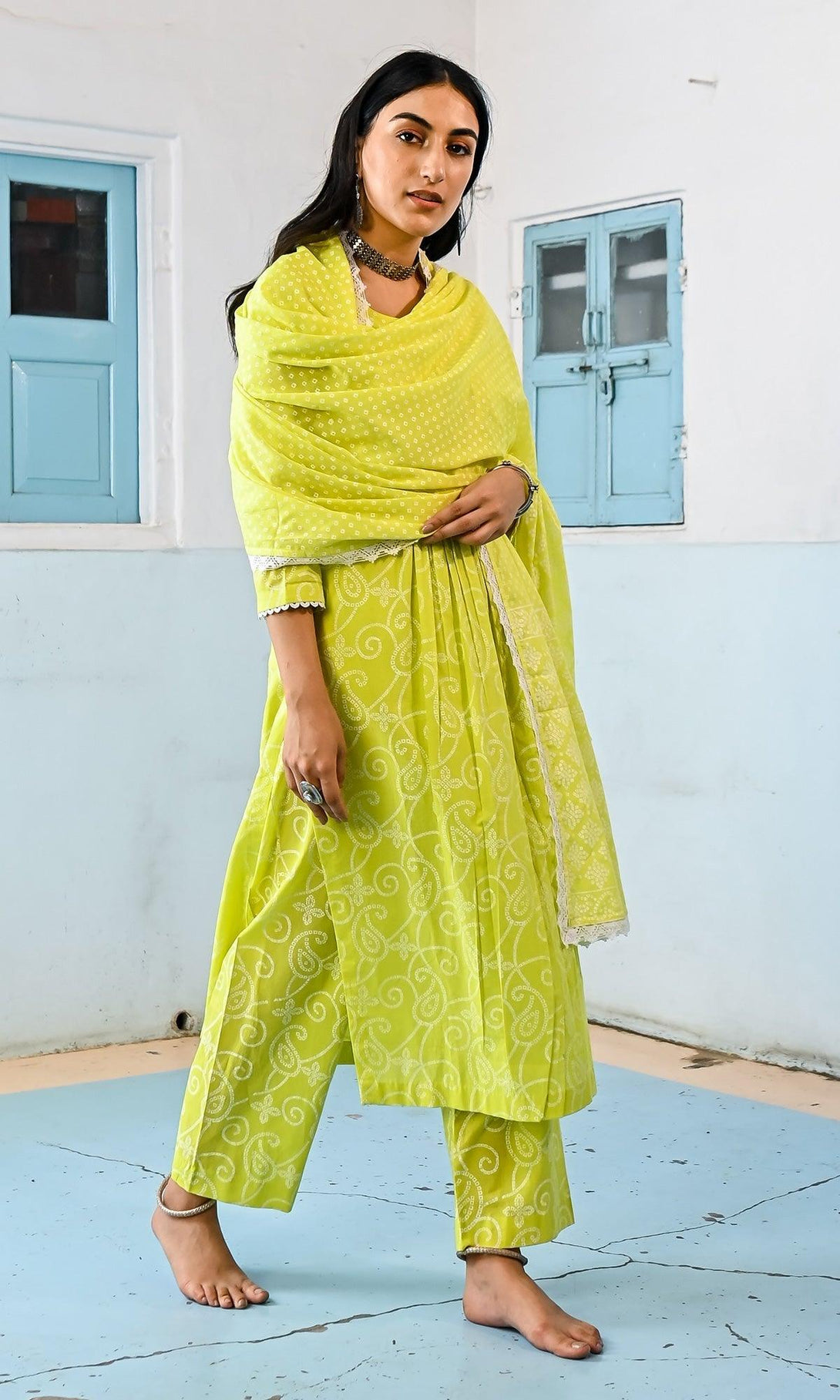 Zahrah 2.0 Neon Green yoke kurta set - set of 3 - Indiakreations