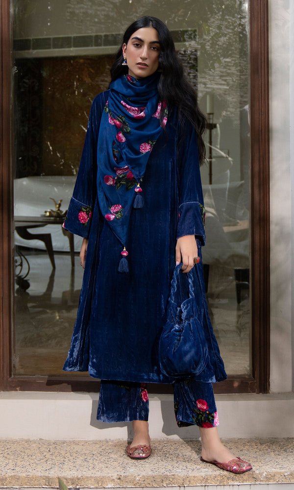 Bareen Silk velvet Blue Choga with floral velvet palazzo and silk scarf - Set of 3