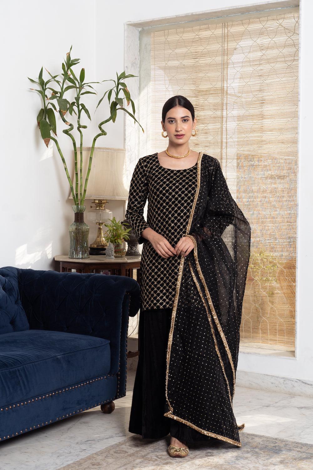 Khwabidah Black Sharara Set of 3 - Indiakreations