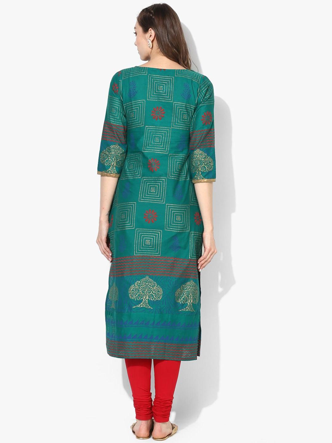 Women's Green & Gold-Toned Ethnic Motifs Printed Block Print Cotton Kurta - Wahe-Noor - Indiakreations