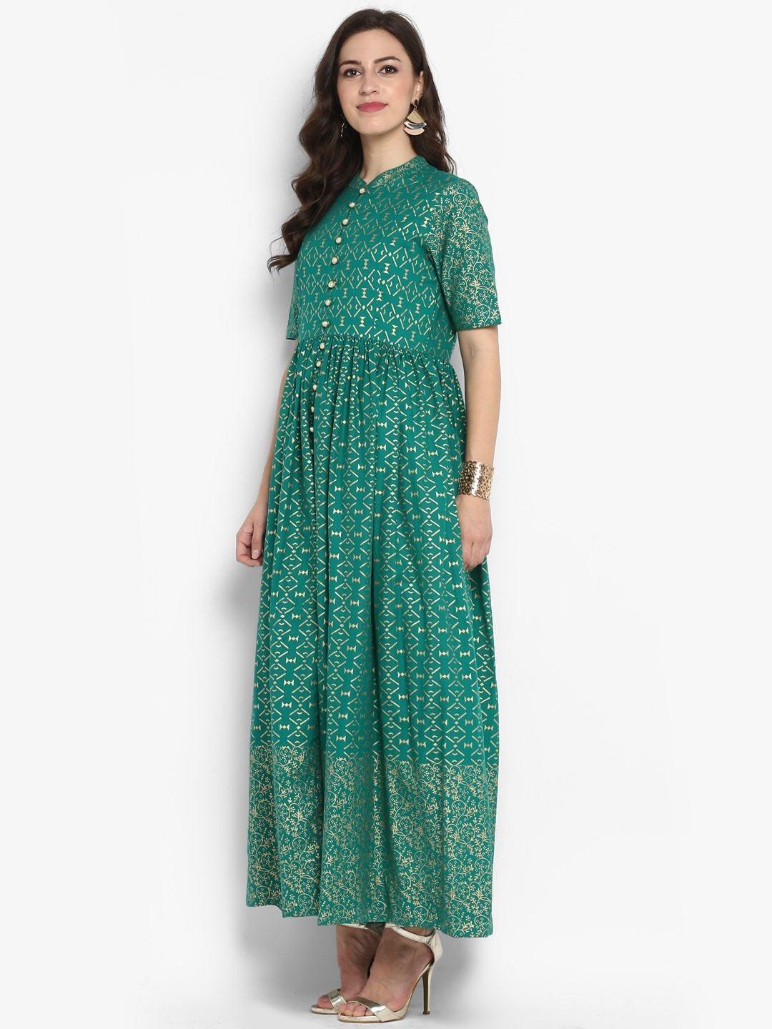 Women's Green Printed Maxi Dress - Meeranshi - Indiakreations