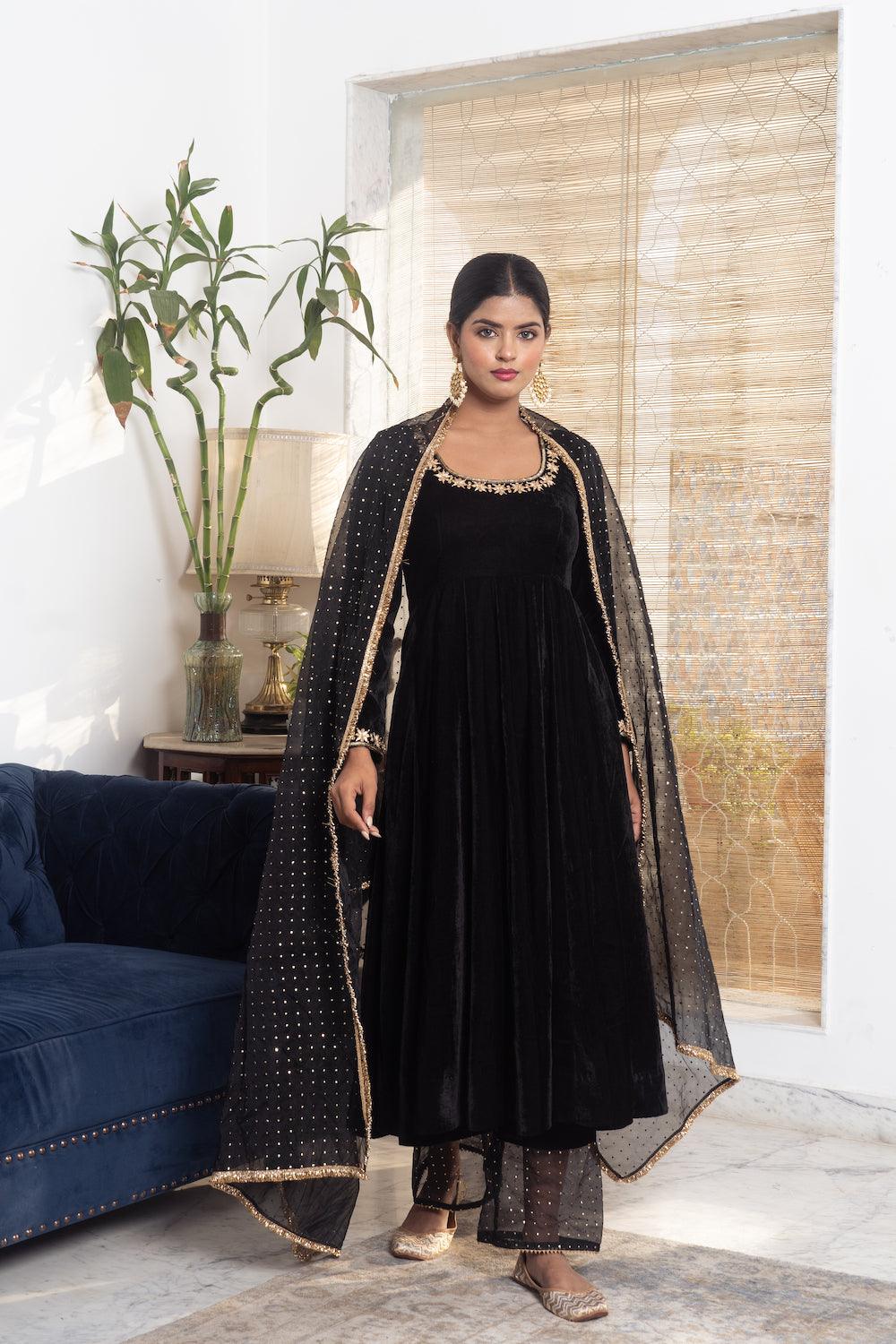 Khwabidah Black Anarkali Set of 3 - Indiakreations