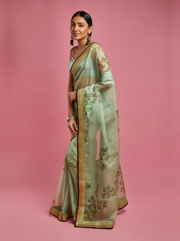 Beautiful Pista Green Tissue Saree With Golden Border