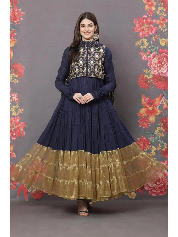 Women's Rohit Bal Navy Blue Printed Cotton Anarkali Suit Set (Set of 4) - BIBA - Indiakreations