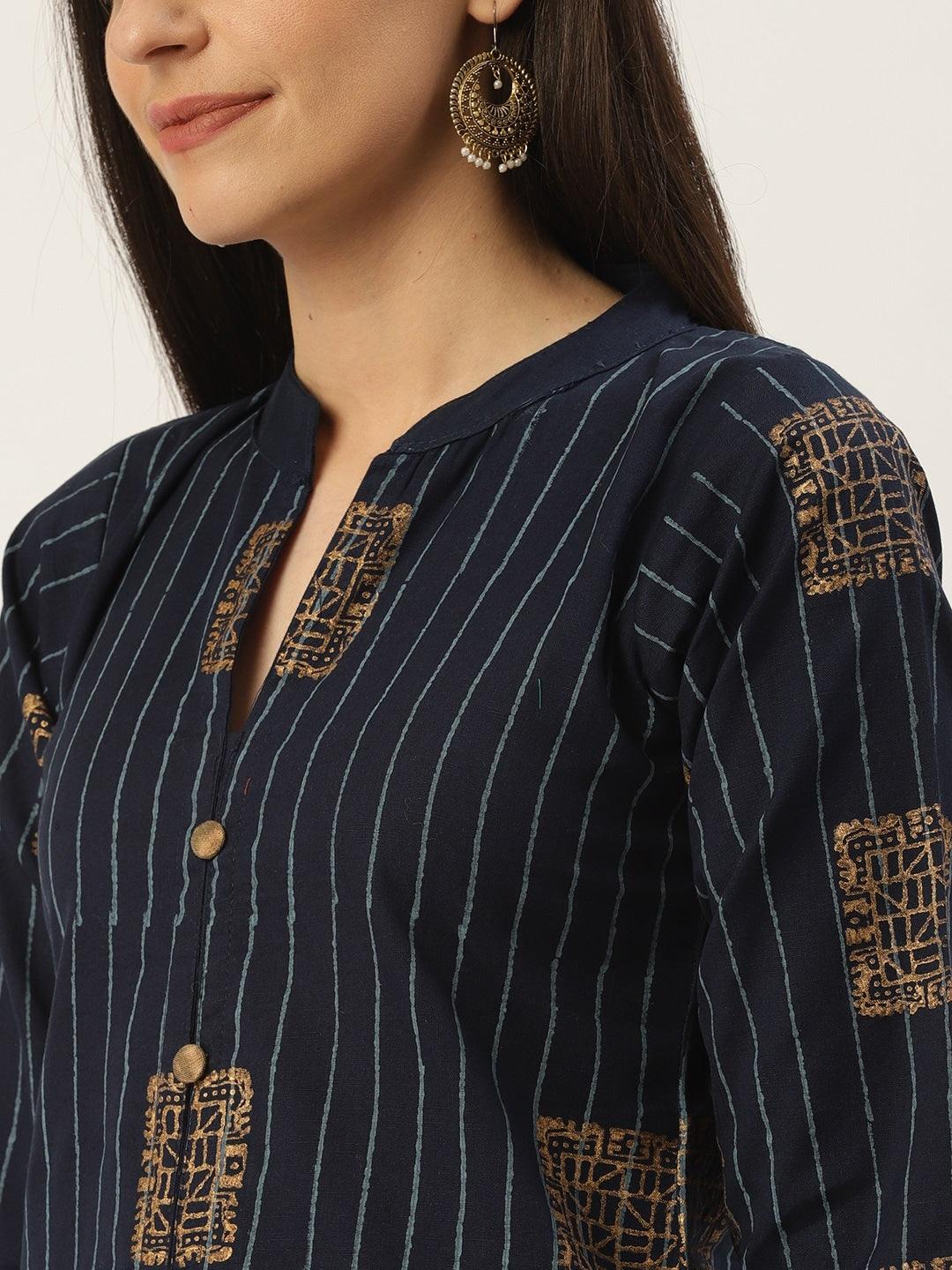 Women's Navy Blue & Golden Striped With Ethnic Printed Straight Kurta - Noz2Toz - Indiakreations