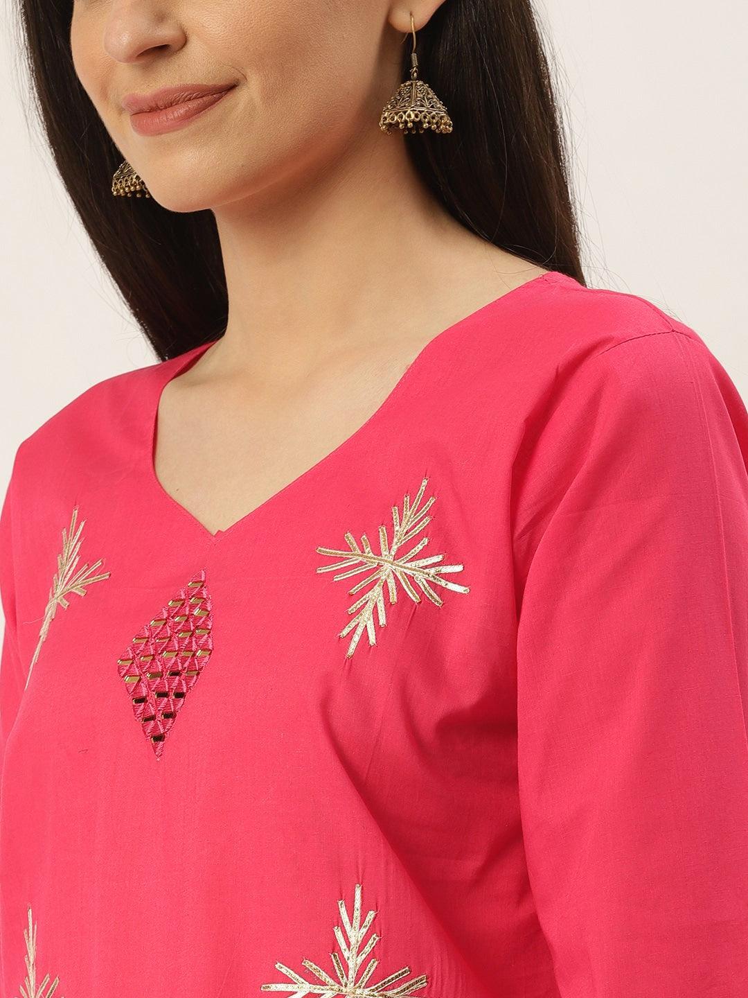 Women's Pink & Golden Gotta Patti Work Straight Kurta - NOZ2TOZ - Indiakreations