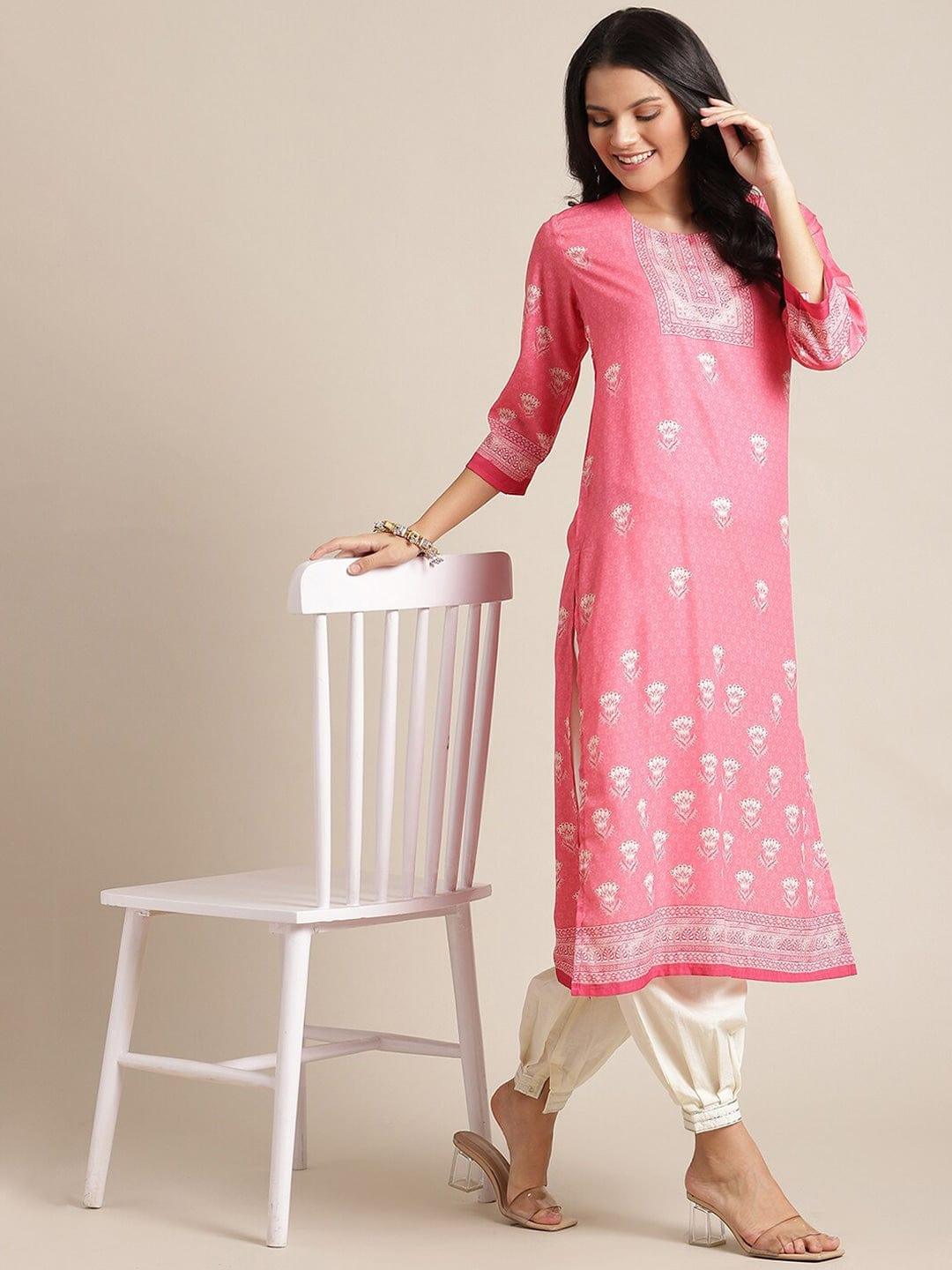 KSUT Women Pink & Off White Ethnic Motifs Printed Kurta - Indiakreations