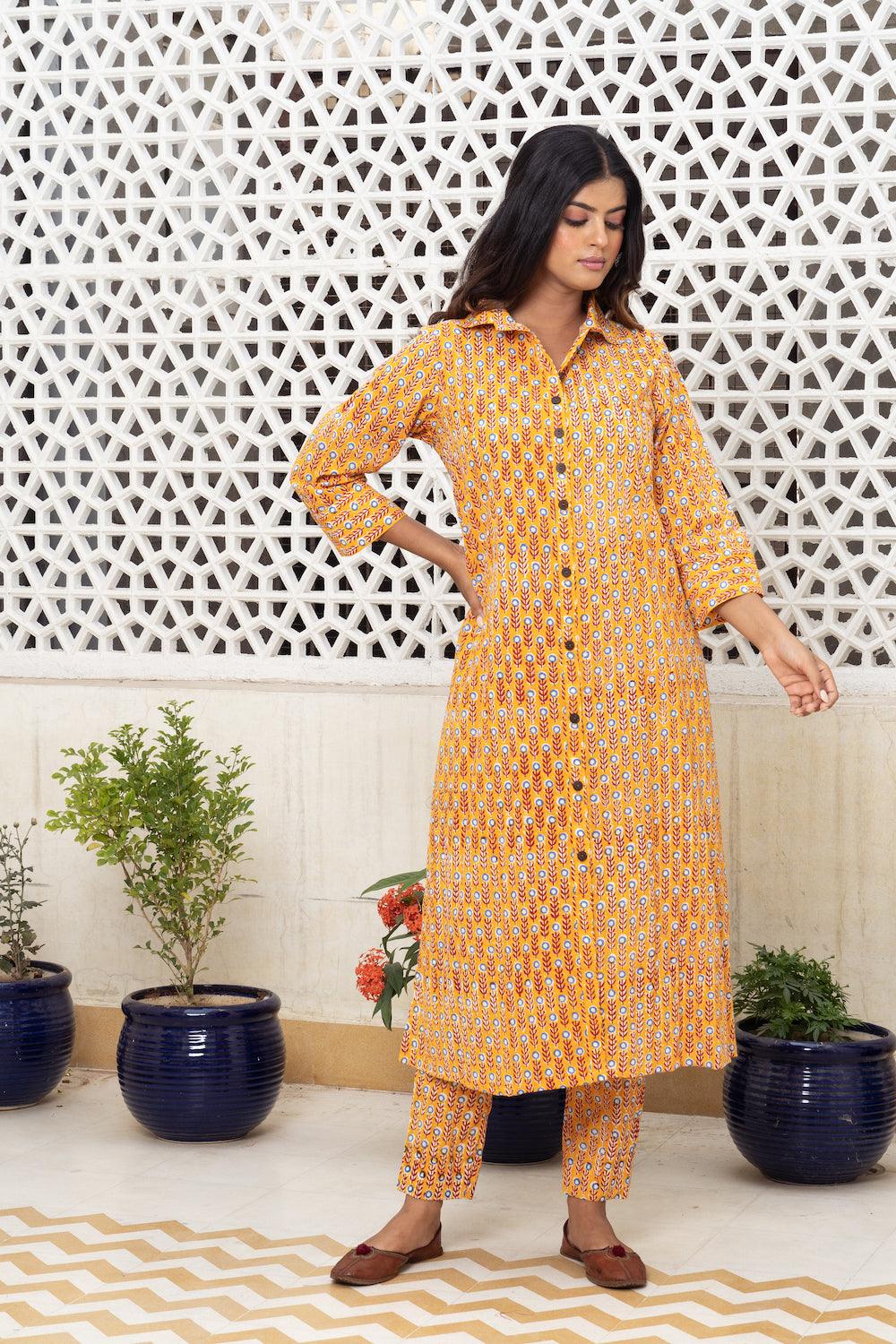 Mustard yellow hand block Kurta Set Of 2 - Indiakreations