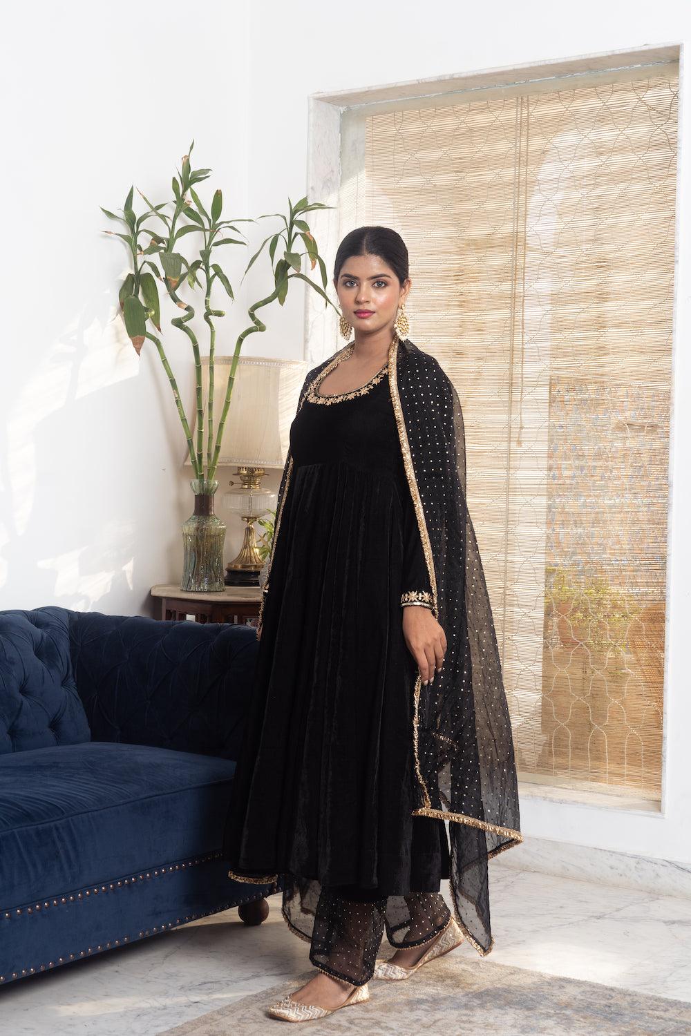 Khwabidah Black Anarkali Set of 3 - Indiakreations