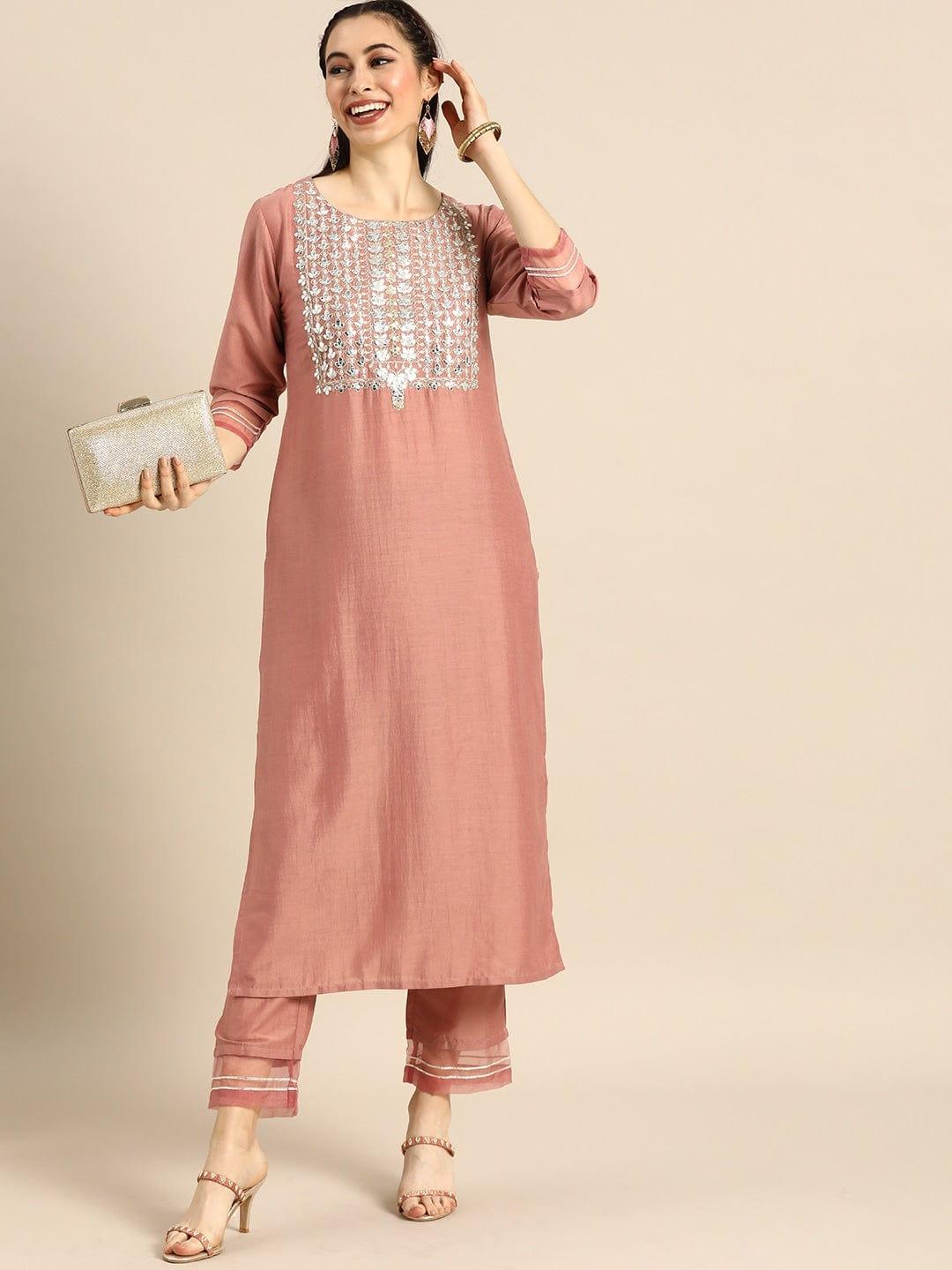 Rose & Silver-Toned Embroidered Kurta Set - Indiakreations