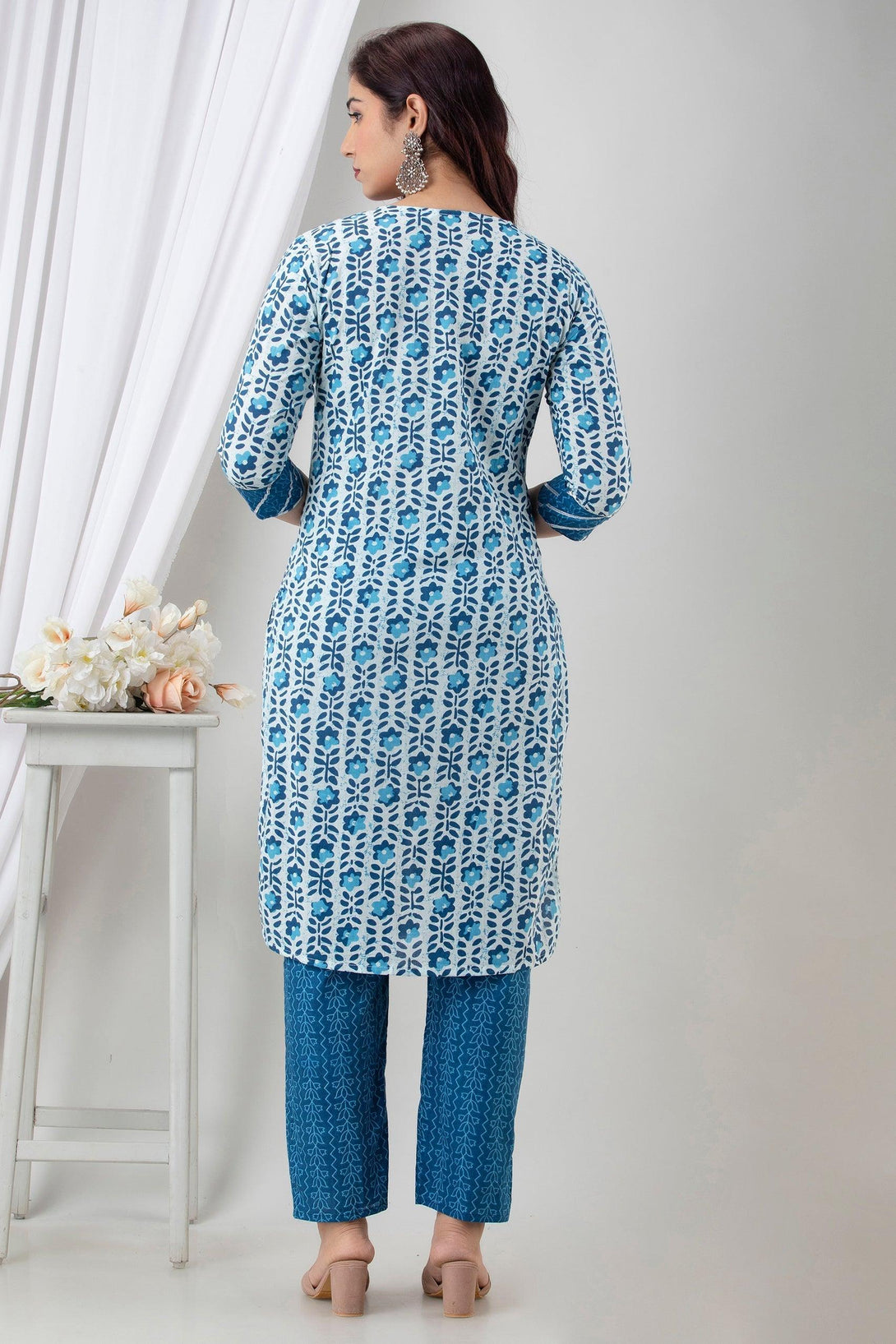 Women's Indigo Blue Cotton Floral Suit Set - Wahe-NOOR - Indiakreations