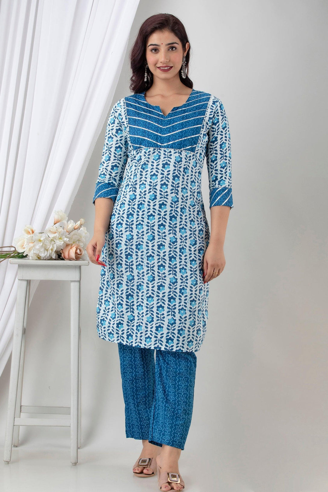 Women's Indigo Blue Cotton Floral Suit Set - Wahe-NOOR - Indiakreations