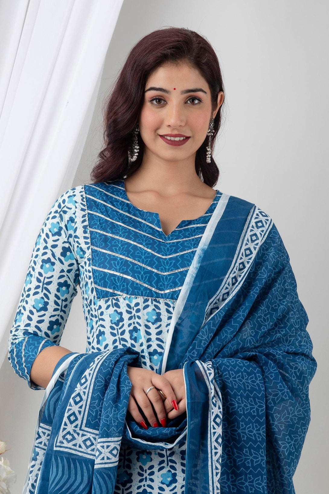 Women's Indigo Blue Cotton Floral Suit Set - Wahe-NOOR - Indiakreations