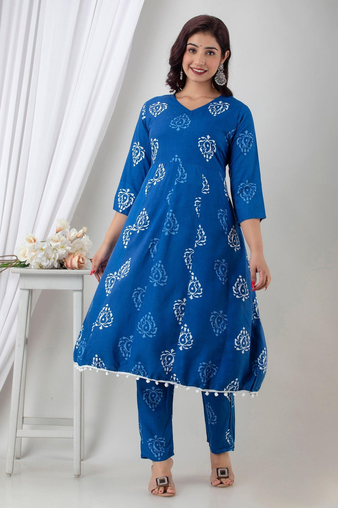 Women's Indigo Blue Cotton Suit Set - Wahe-NOOR - Indiakreations