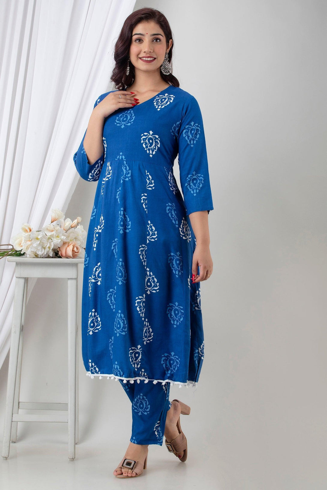 Women's Indigo Blue Cotton Suit Set - Wahe-NOOR - Indiakreations