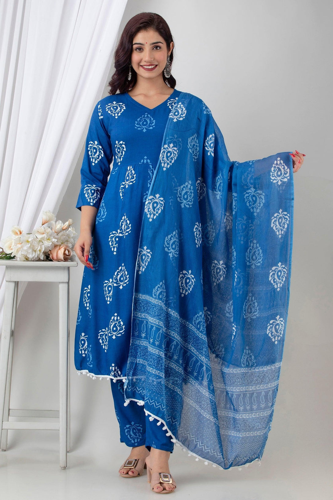 Women's Indigo Blue Cotton Suit Set - Wahe-NOOR - Indiakreations