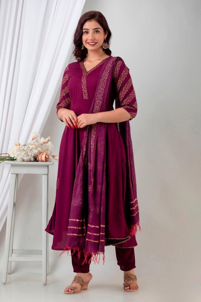 Women's Majenta Cotton Suit Set - Wahe-NOOR - Indiakreations