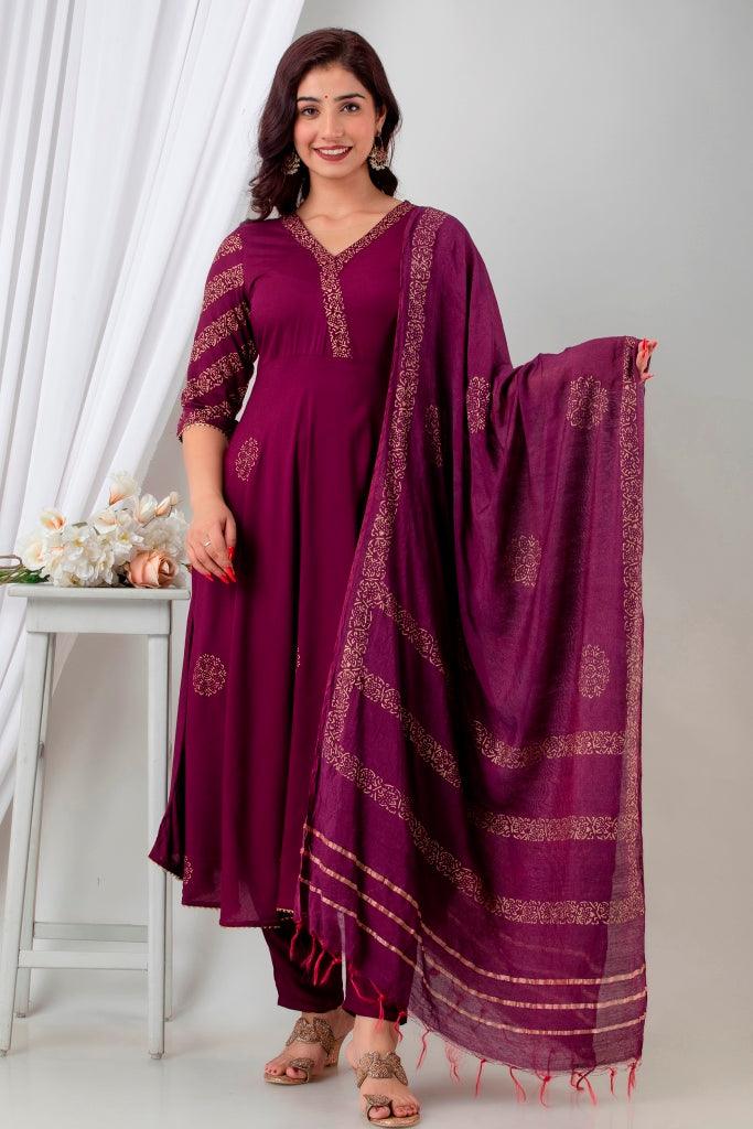 Women's Majenta Cotton Suit Set - Wahe-NOOR - Indiakreations