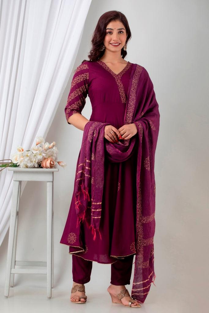 Women's Majenta Cotton Suit Set - Wahe-NOOR - Indiakreations