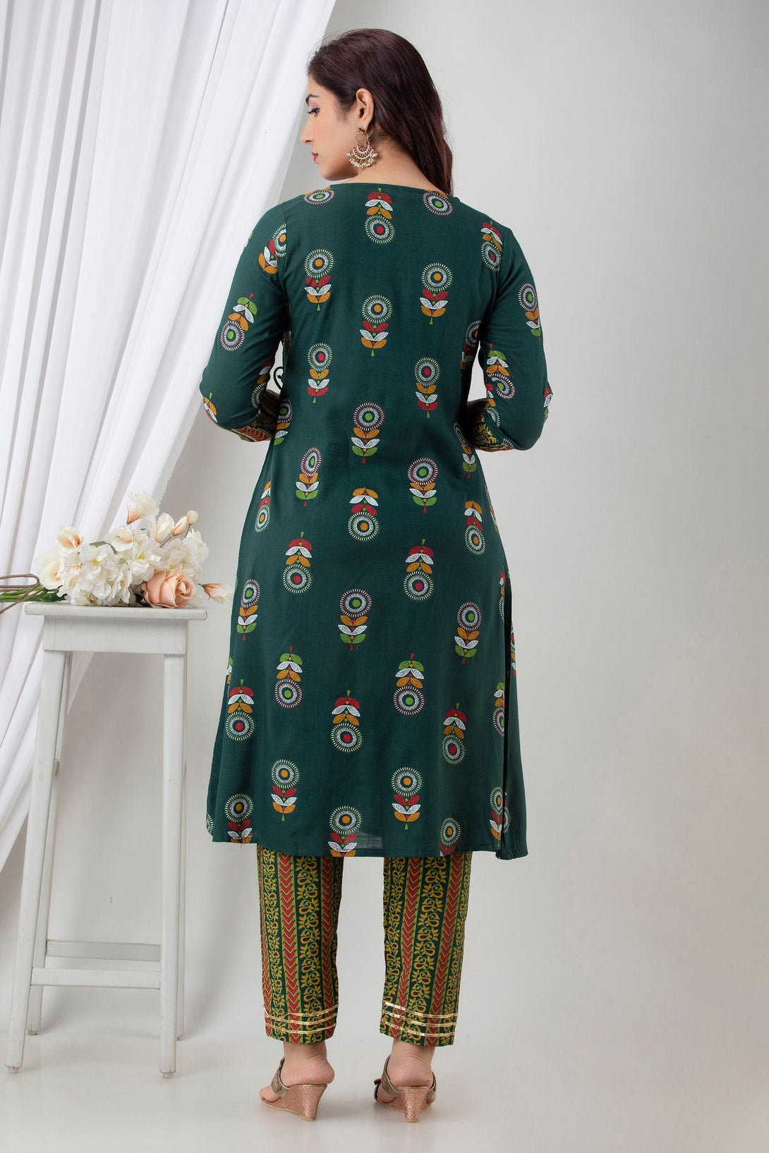 Women's Green Cotton ethnic print Angrakha Kurta Pant Set - Wahe-NOOR - Indiakreations