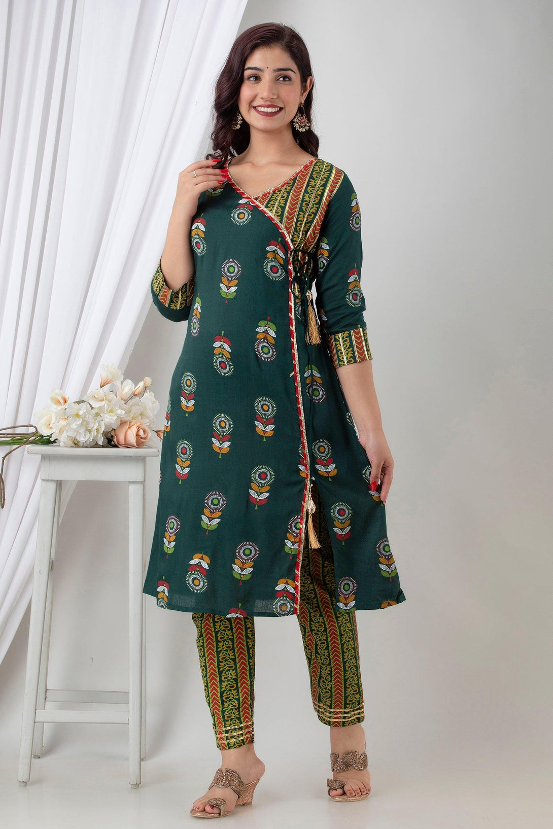 Women's Green Cotton ethnic print Angrakha Kurta Pant Set - Wahe-NOOR - Indiakreations