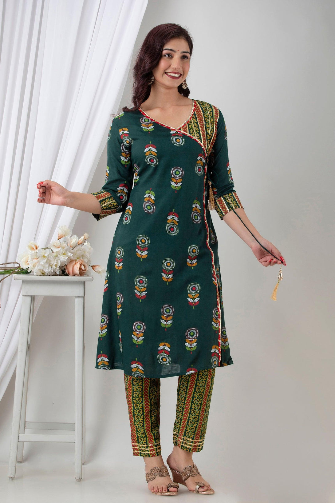 Women's Green Cotton ethnic print Angrakha Kurta Pant Set - Wahe-NOOR - Indiakreations