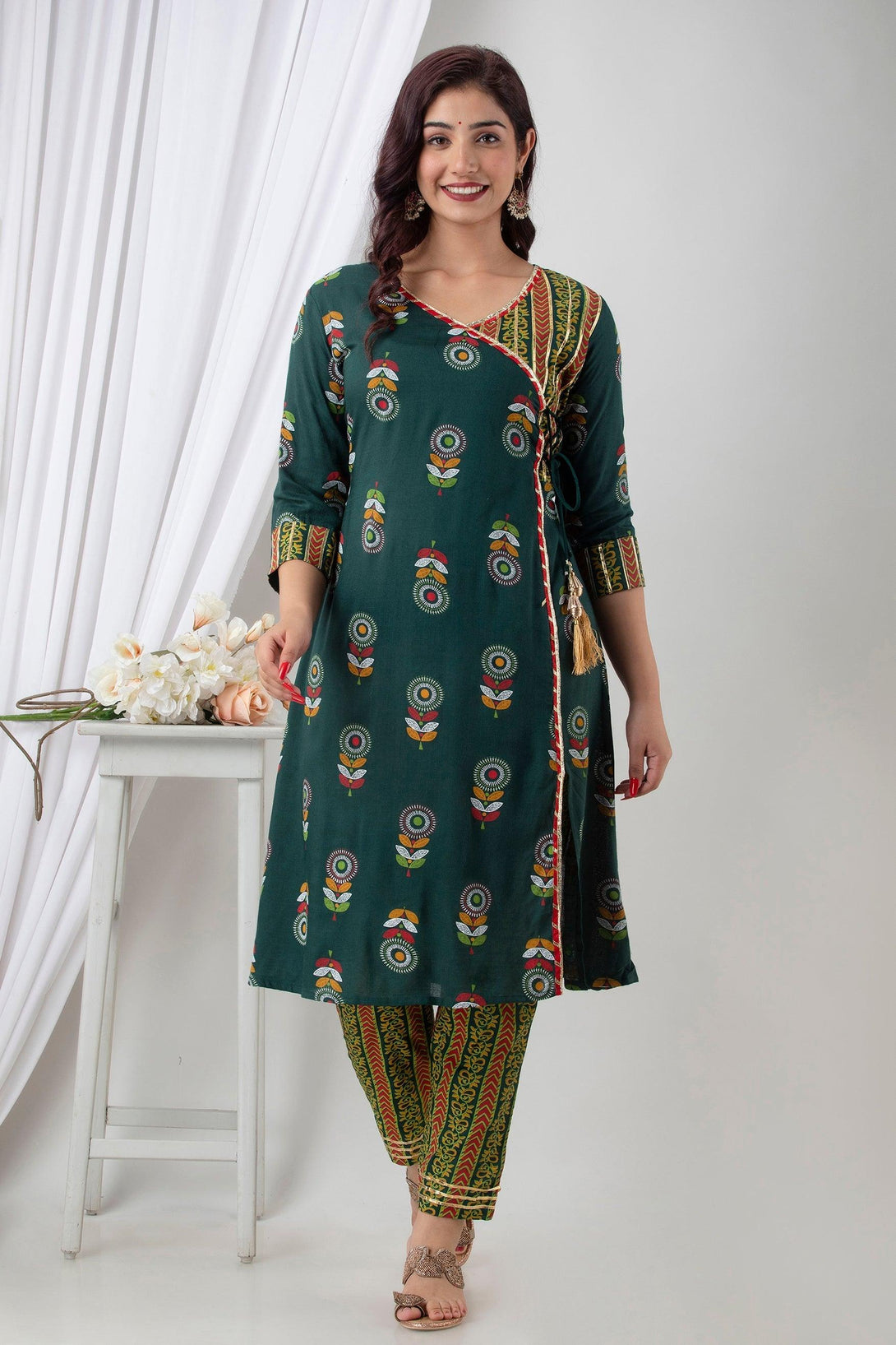 Women's Green Cotton ethnic print Angrakha Kurta Pant Set - Wahe-NOOR - Indiakreations