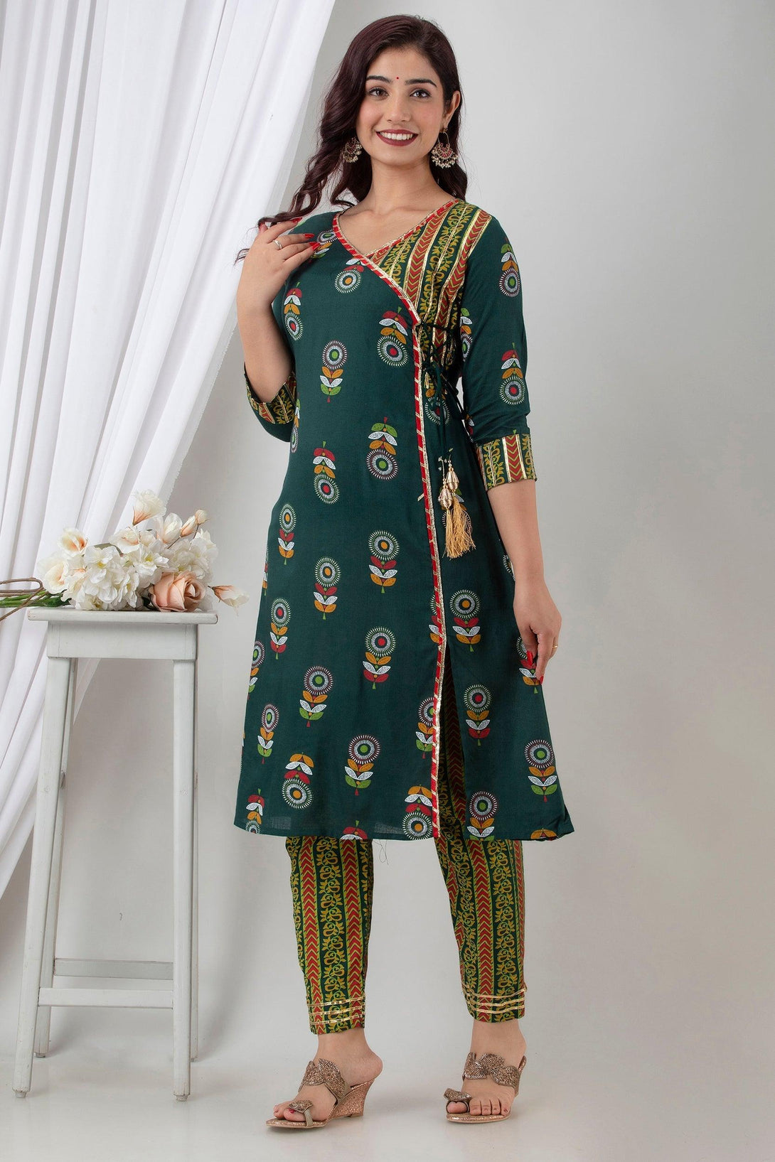 Women's Green Cotton ethnic print Angrakha Kurta Pant Set - Wahe-NOOR - Indiakreations