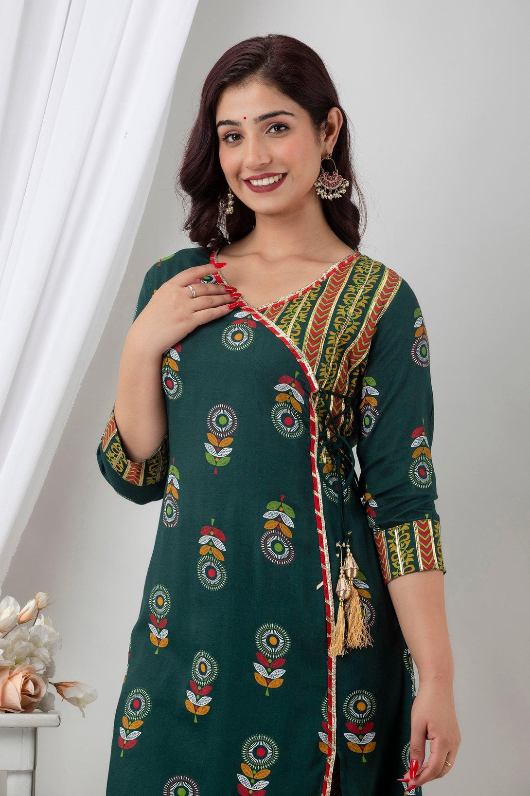 Women's Green Cotton ethnic print Angrakha Kurta Pant Set - Wahe-NOOR - Indiakreations