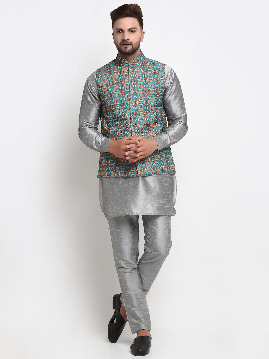 Men's Silk Blend Grey Kurta With Pyjama & Sea Green Printed Nehru Jacket - Benstoke