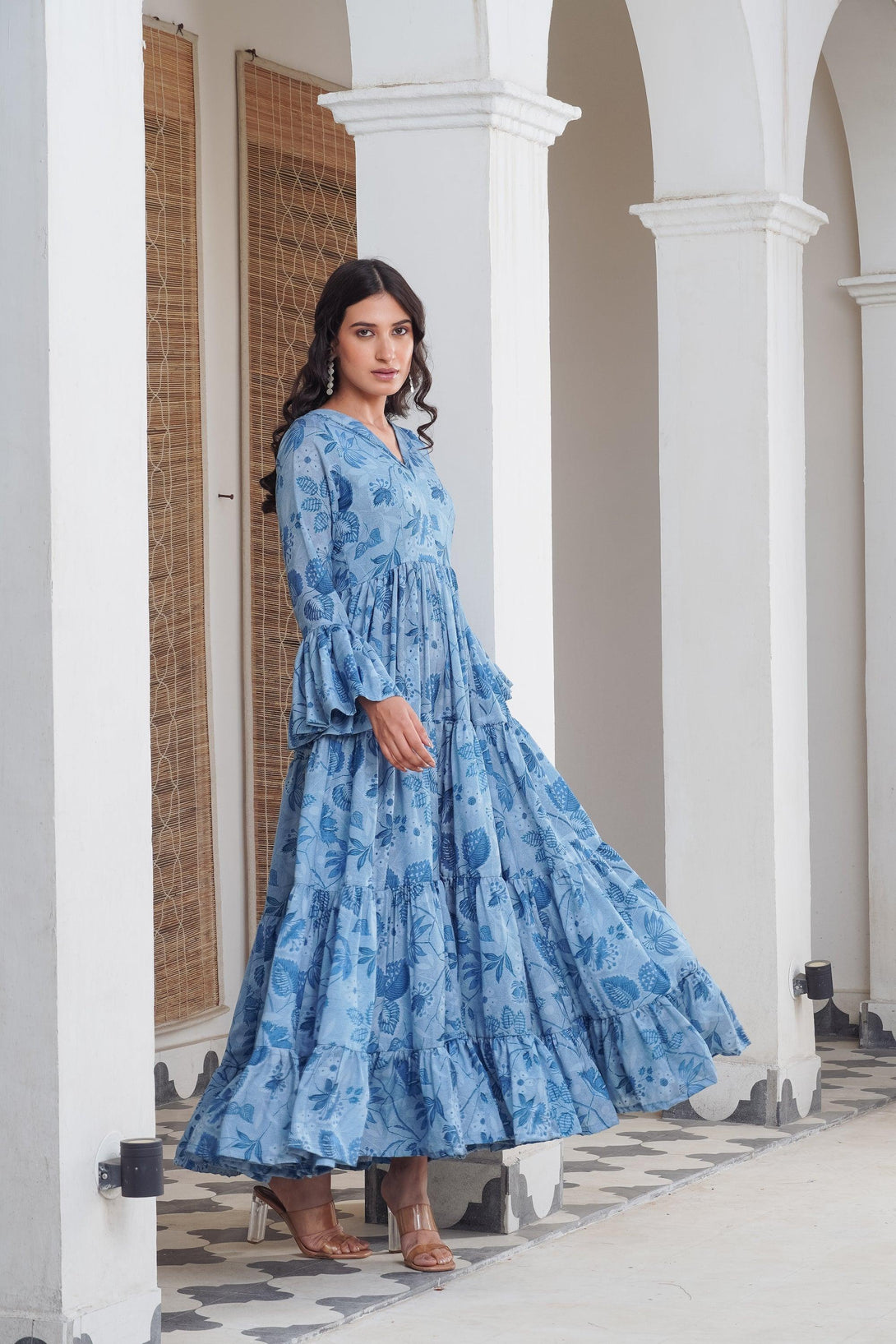 Blue floral frill Maxi - Indiakreations