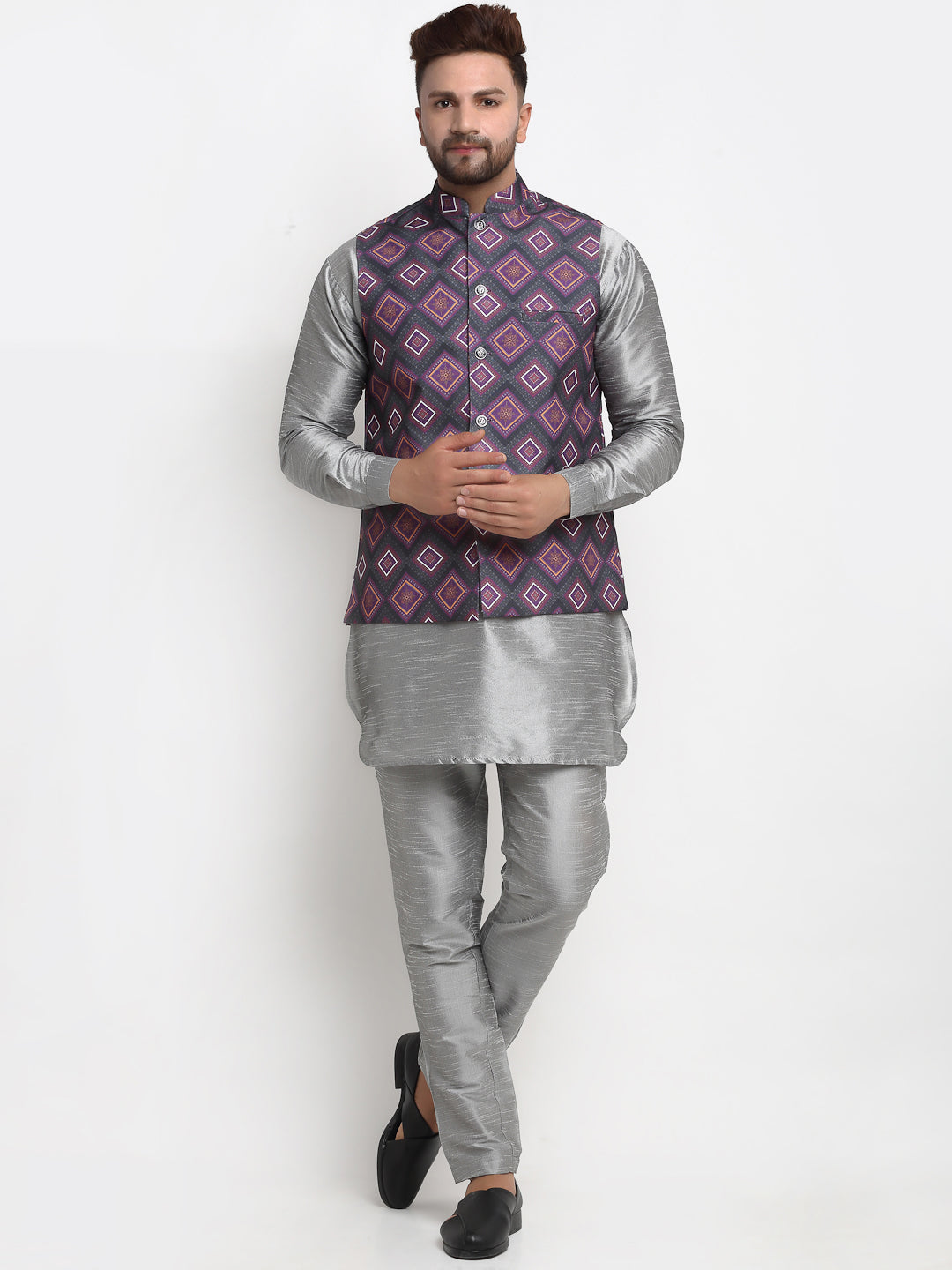 Men's Silk Blend Grey Kurta With Pyjama & Purple Printed Nehru Jacket - Benstoke