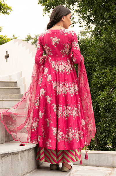 Falak Rani Pink Front Open Floral Anarkali with Palazzo and Dupatta - Set of 3 - RTS - Indiakreations