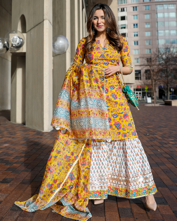 Yellow Goldfinch Handblock Sharara Set | Relove