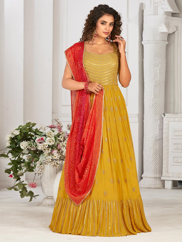 Yellow Georgette Floor Length Gown Paired With Red Dupatta