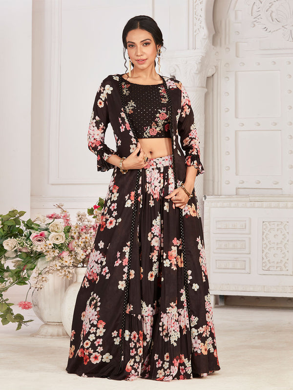 Alluring Black Georgette Choli With Floral Print All Over