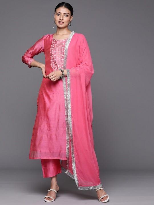 Varanga Women Pink Yoke Design Kurta with Trousers & With Dupatta - Indiakreations