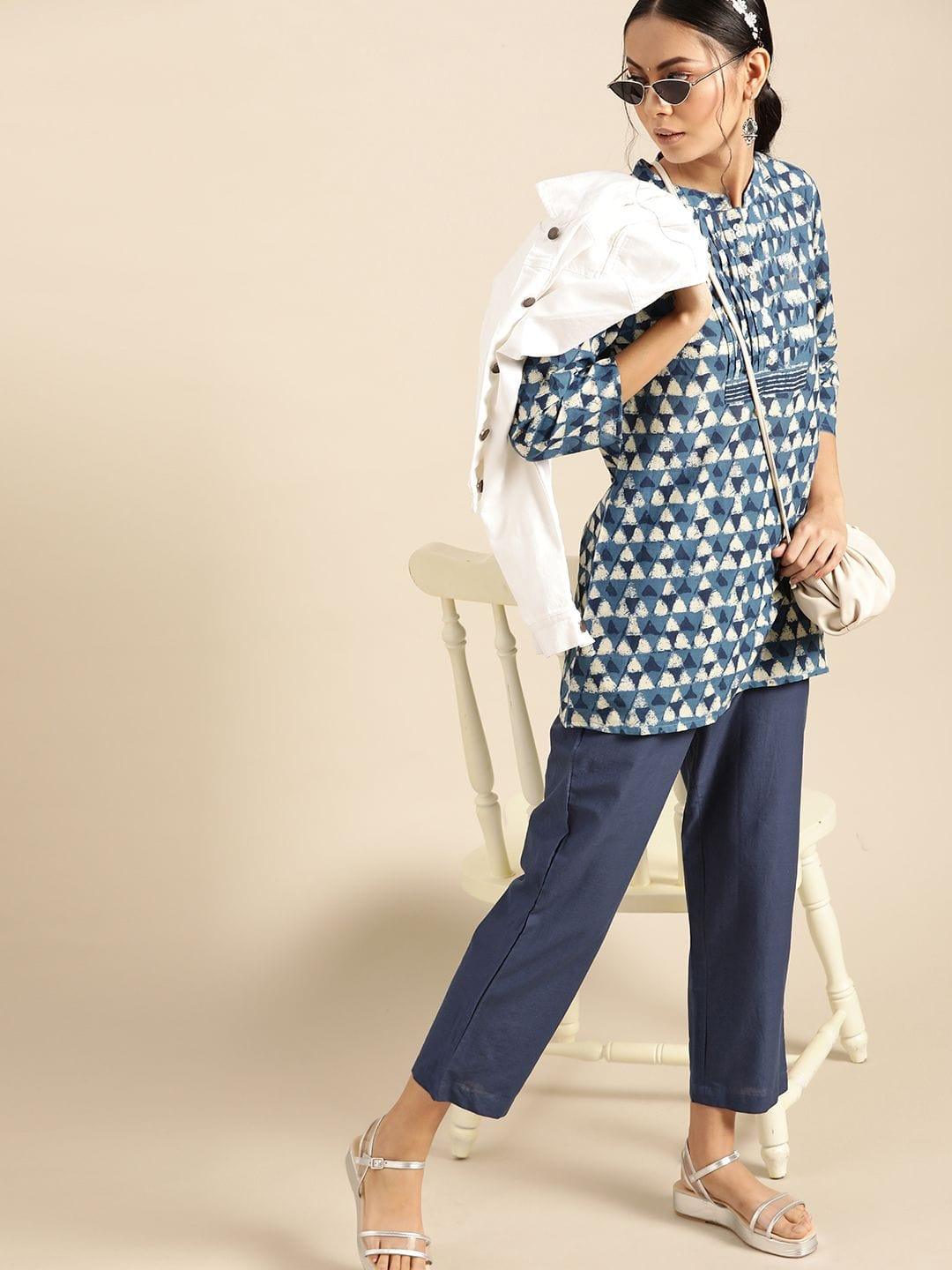 Blue & White Pure Cotton Printed Tunic With Trousers - Indiakreations