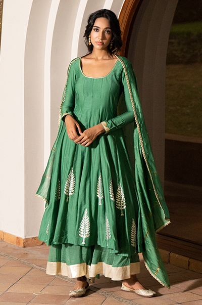 Kalista Green Foil Print Anarkali with Palazzo and Dupatta- Set of 3