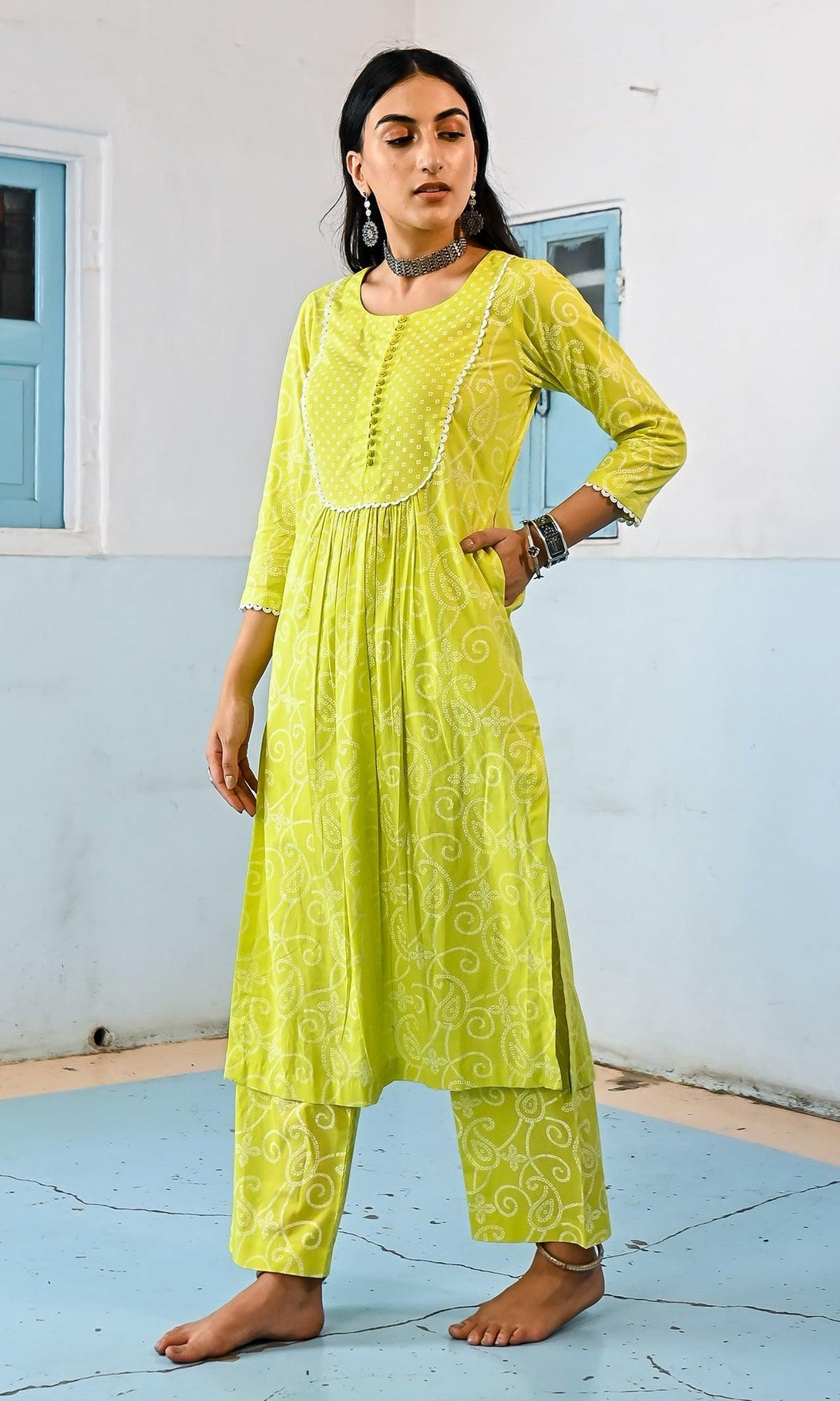 Zahrah 2.0 Neon Green yoke kurta set - set of 3 - Indiakreations