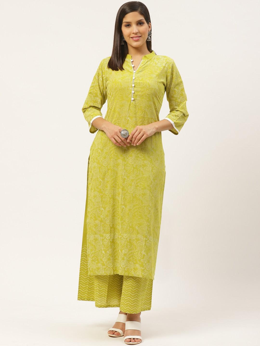 Women's Lime Green & White Block Print Kurta with Palazzo - NOZ2TOZ - Indiakreations