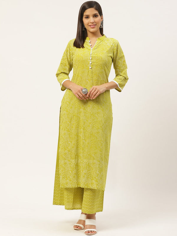 Women's Lime Green & White Block Print Kurta With Palazzo - Noz2Toz