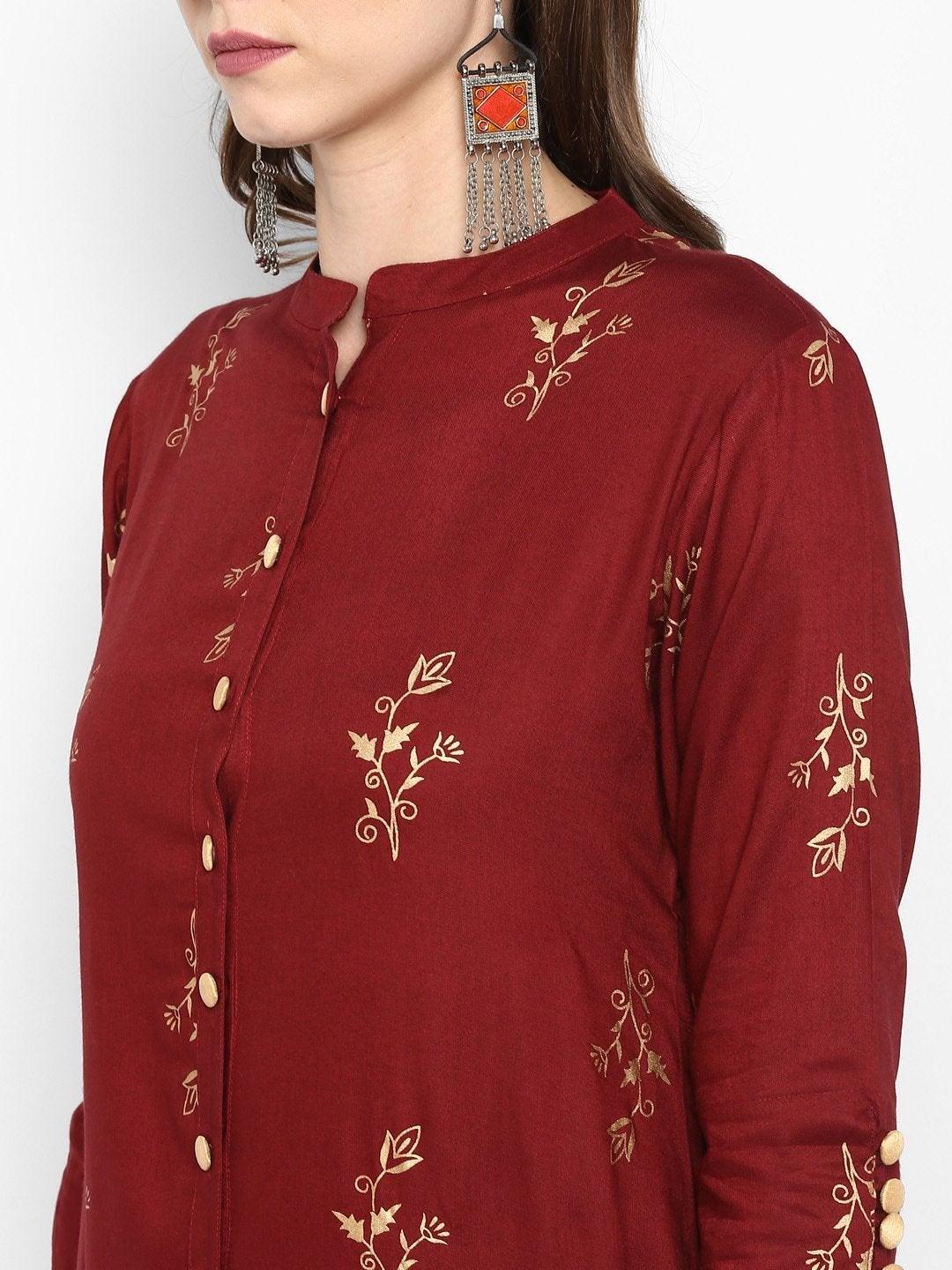 Women's Maroon & Black Printed Kurta with Palazzos - Meeranshi - Indiakreations