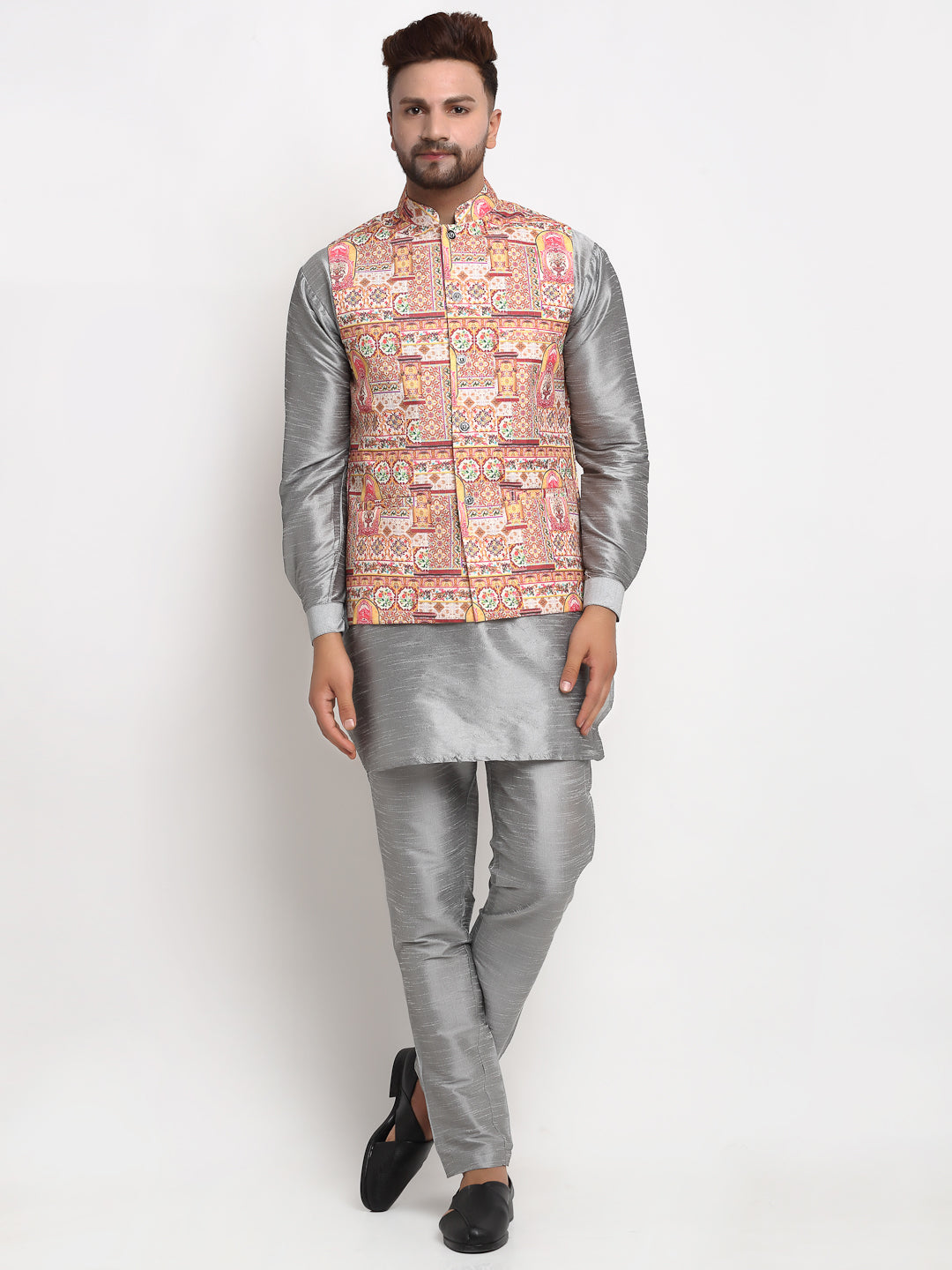 Men's Silk Blend Grey Kurta With Pyjama & Pink Printed Nehru Jacket - Benstoke