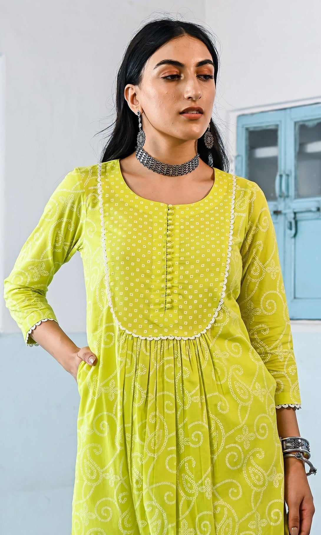 Zahrah 2.0 Neon Green yoke kurta set - set of 3 - Indiakreations