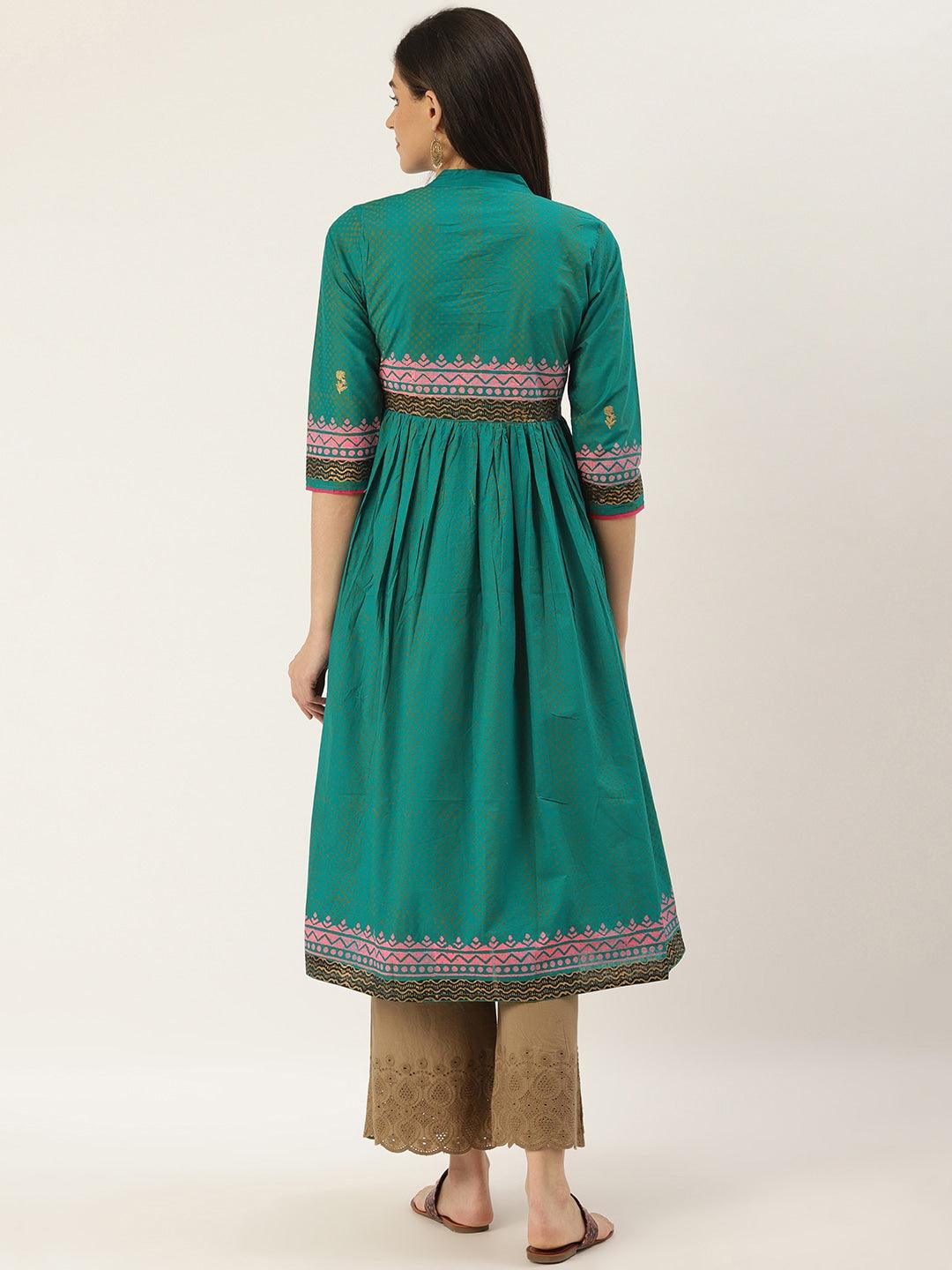 Women's Teal Green & Pink Hand Block Printed A-Line Kurta - Noz2Toz - Indiakreations