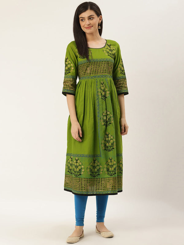 Women's Green & Black Block Print A-Line Kurta - Noz2Toz